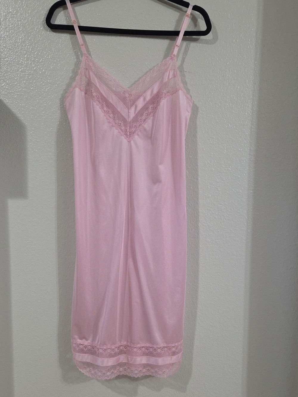 Women’s Pink Lace Trim Slip Dress - Classic Silky Nightwear